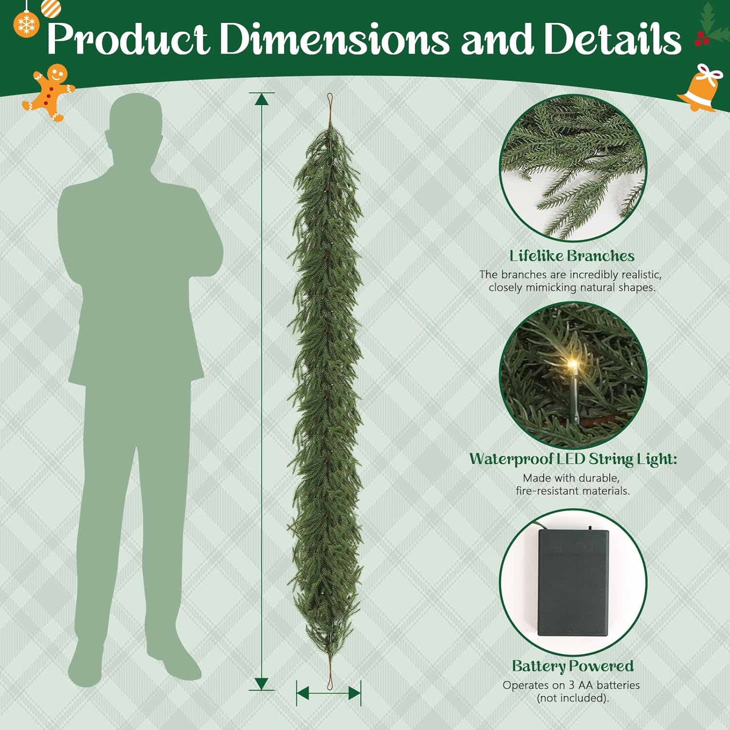 Norfolk Pine Garlands with Light ，Pre-Lit Christmas Garland,Dense Norfolk Pine Real Touch Garlandfor Table, Mantle, Staires, Wall, Premium Indoor/Outdoor Christmas Decorations (2, 6ft)